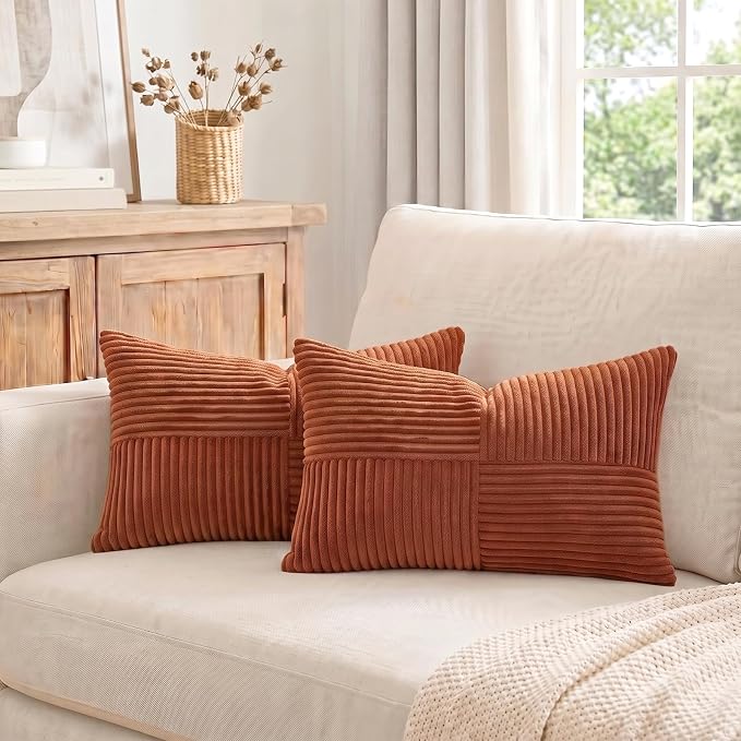 Fancy Homi 2 Packs Rust Lumbar Decorative Throw Pillow Covers 20x28 Inch for Couch Bed Sofa, Rustic Farmhouse Boho Home Decor, Soft Striped Corduroy Rectangle Accent Terracotta Cushion Case 50x70 cm