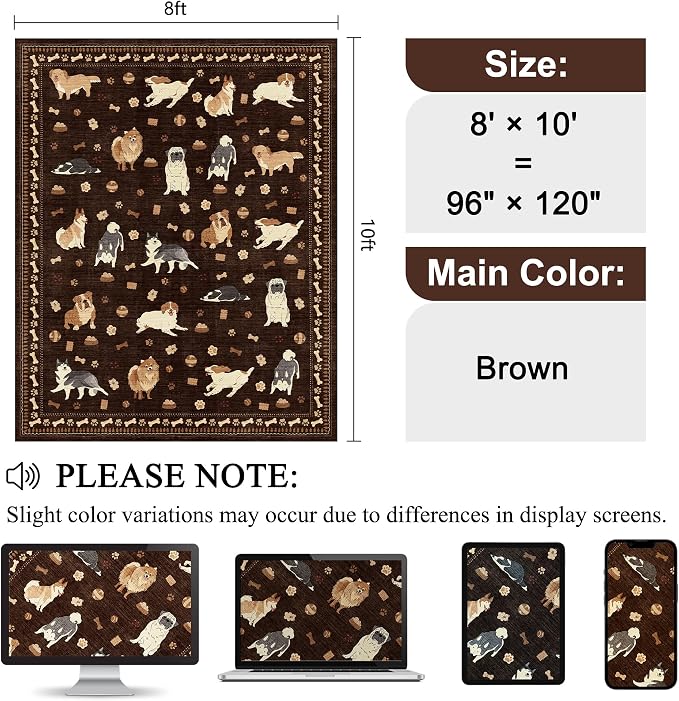 DUKINO 8x10 Area Rug, Washable Dog Rugs for Living Room Soft, Brown | Non Slip, Low Pile, Non-Shedding, Stain Resistant Animal Carpet for Bedroom Dining Room Nursery Farmhouse, Pet & Kid Friendly