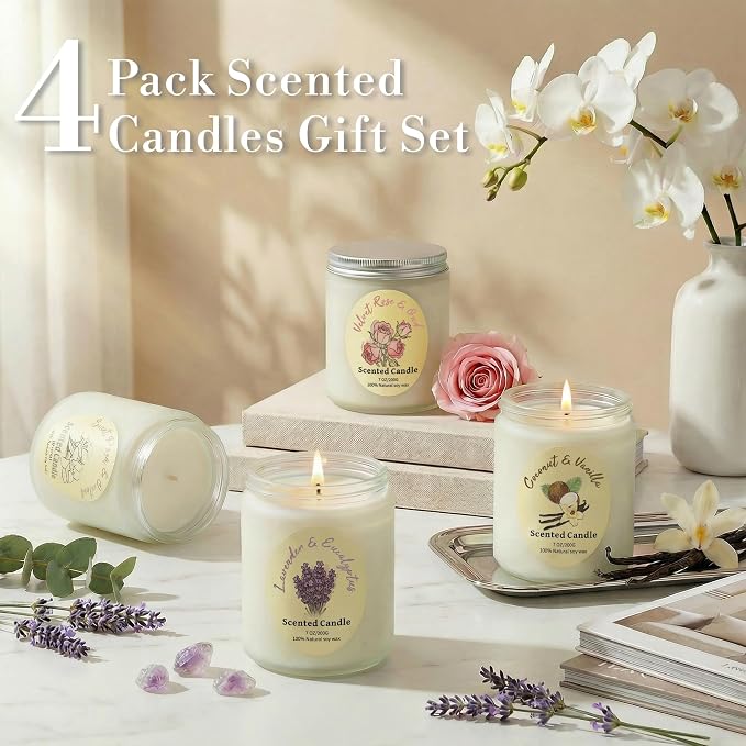 4 Pack Scented Candles Gift Set, Natural Soy Wax Non Toxic 28 oz for Home | Aromatherapy Candles Lavender Eucalyptus Vanilla Coconut Rose, Housewarming Relaxation Spa Birthday teacher Gifts for Women