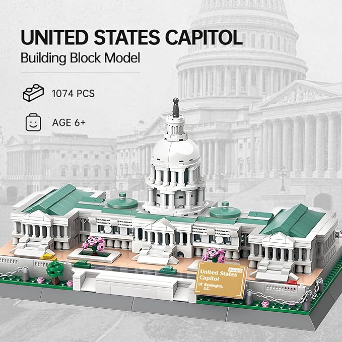 United States Capitol Architecture Model Building Block Sets Famous Landmark Building Brick Toys Gifts for Kid and Adult 1074 Pieces