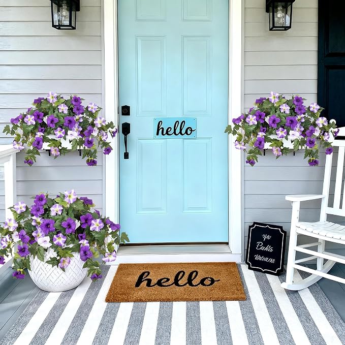 Ammyoo 4 Pcs Artificial Fake Petunia Flowers for Outdoor Decoration, Faux Silk Petunias Flower for Spring UV Resistant No Fade Realistic Plants for Garden Balcony Yard Porch Indoor Decor(Purple White)