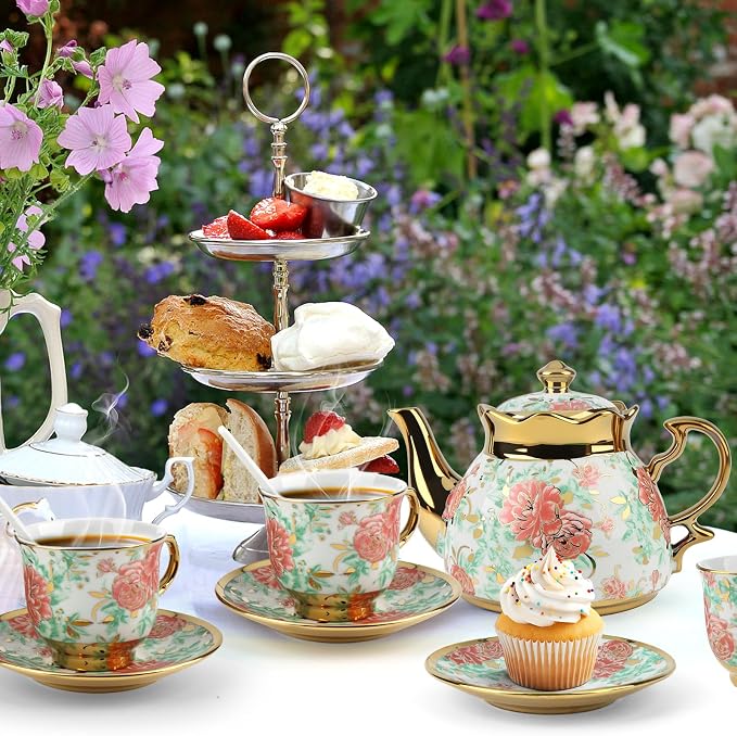 20 Pcs Porcelain Tea Set with Metal Holder, Adult Tea Set Gift, European Ceramic Tea Set for Adults, Flower Tea Cup Saucer Set for Party With Gold Flower Painting (Vibrant Green)