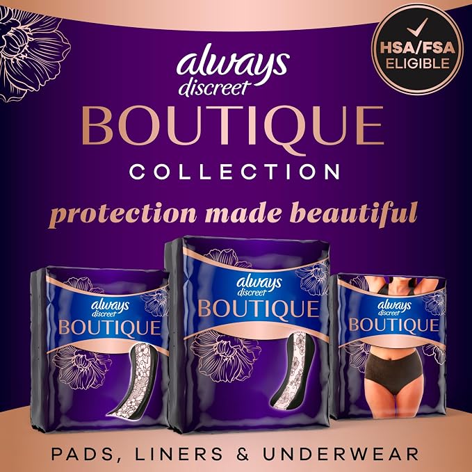 Always Discreet Boutique Incontinence Panty Liners for Bladder Leaks, Size 2, Very Light Absorbency, Long Length, 96 Count (3 Packs of 32)