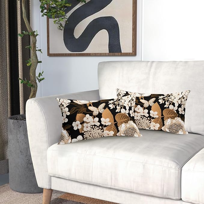 Vintage Floral Lumbar Pillow Covers 12X20 Inch Set of 2 White Flowers Gold Leaves Botanical Decorative Pillow Cases Rustic Leaf Black Cotton Linen Cushion Case Farmhouse Home Decor For Sofa Couch