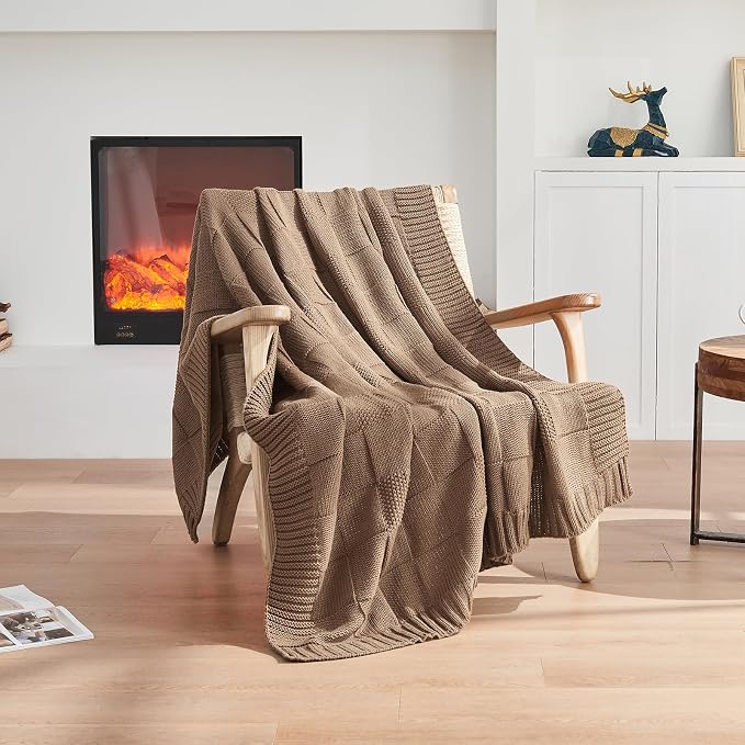 CozeCube Light Brown Knitted Checkered Throw Blanket 60"X80" | Check Knit Throw for Couch, Decorative Christmas Soft Cozy Warm Blanket for Bed Sofa Living Room