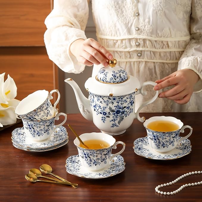 TATSUMI Country Roses Porcelain Tea Set, European Ceramic tea set for adults,Vintage Style, For Women and Tea Parties (BLUE, 13 Pieces Set)