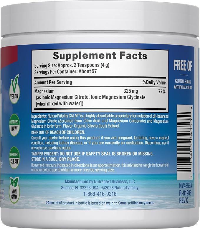 Natural Vitality Calm, Magnesium Supplement, Anti-Stress Drink Mix Powder, Gluten Free, Vegan, & Non-GMO, Cherry, 8 oz