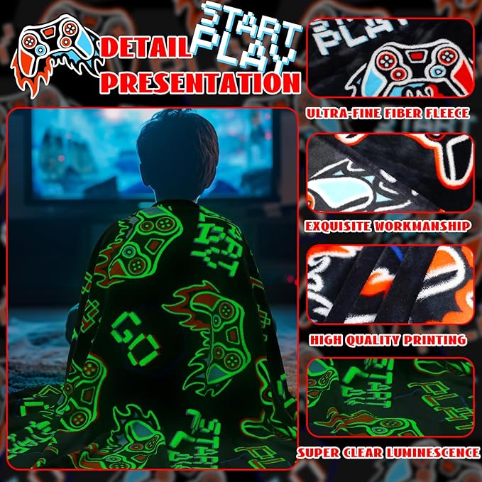 ORDM Game Controller Gifts for Boys Glow in The Dark Blanket Kids Gaming Controller Throw Blanket Toys for Ages 5-7 Game Decor Blankets for Home Bedroom Luminous Blanket 40 "x 50"