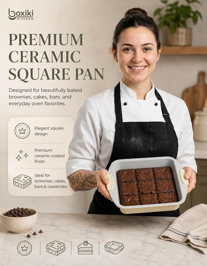 Boxiki Kitchen Ceramic Square Cake Pan, 12x10x2 Inch Aluminized Steel Baking Pan, KFCC Korean Ceramic Coated Nonstick Bakeware, Heavy Duty Oven Safe to 550°F, Easy Release & Clean Baking Pan