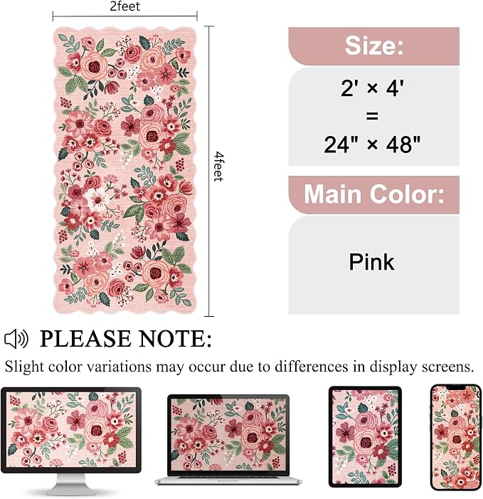 DUKINO 2x4 Rug for Entryway, Floral Washable Kitchen Rugs Non Slip, Pink | Soft, Low Pile, Stain Resistant Throw Runner Rug for Hallway, Bedroom, Bathroom, Laundry, Pet Friendly, Modern Home Decor