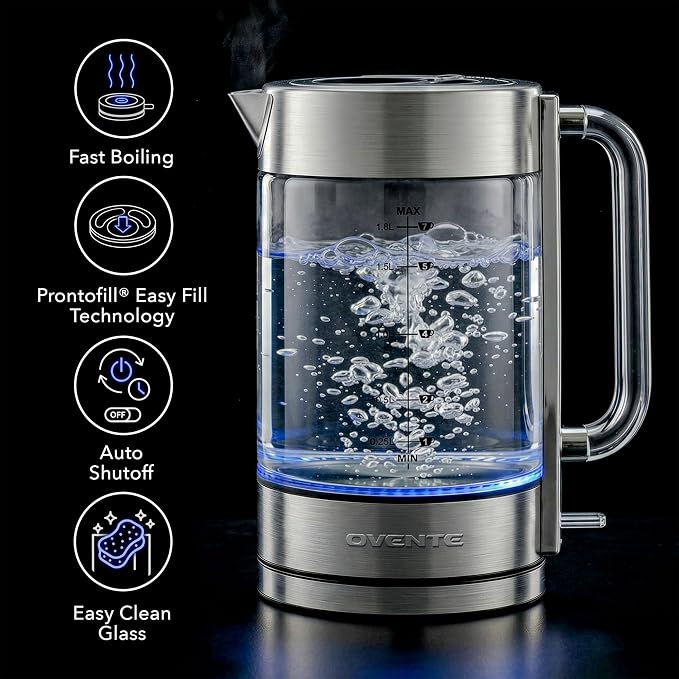 OVENTE Electric Kettle, 1.8L Tea Kettle Cordless with Borosilicate Glass Water Boiler, Stainless Steel Base, Acrylic Handle, 1500W Fast Boil Electric Kettle, Easy Fill Lid, Auto Shutoff, Silver KG911S