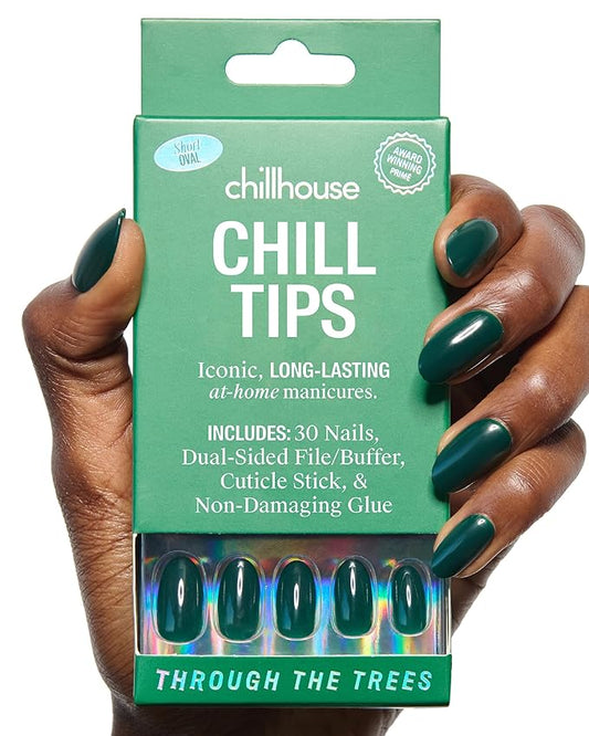 Chillhouse Chill Tips Signatures Press On Nails Kit, Through The Trees - 30 Nail Shapes & Sizes, Dual-Sided Buffer & File, Cuticle Stick & Glue - Long-Lasting Nail Art Manicures