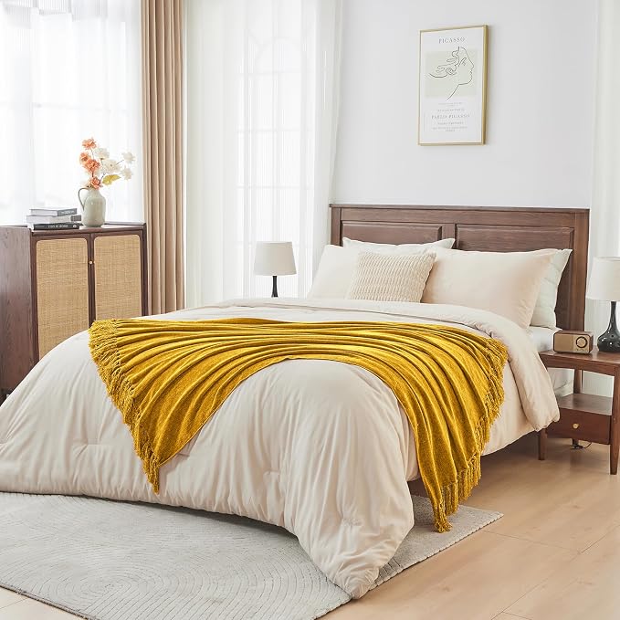 CozeCube Chenille Throw Blanket, Harvest Gold Fringe Blanket, 60"X80" | For Couch, Cozy Plush Fuzzy Decorative Blanket with Fringe Tassels, Lightweight Throws for Bed Sofa Gift Home Decor
