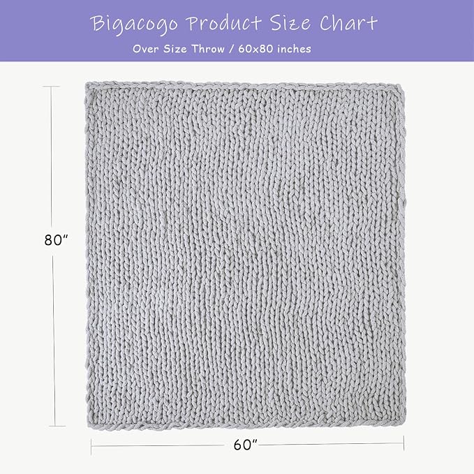 Bigacogo Chunky Knit Throw Blanket for Couch, 60x80 inches, Light Grey | Hand Knit with Jumbo Chenille, Soft Breathable Cable Knit for Sofa Bed Living Room, Machine Washable, Gift for Mom Friend