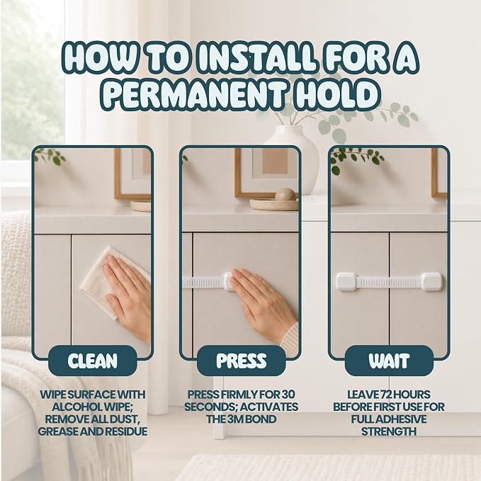 Booboo Baby 10 Pack Cabinet Locks Baby Proofing - Child Proof Cabinet Locks for Drawers, Fridge, Toilet Seats - Adjustable Cupboard Lock for Children with 3M Adhesive - Easy to Install No Tools Needed