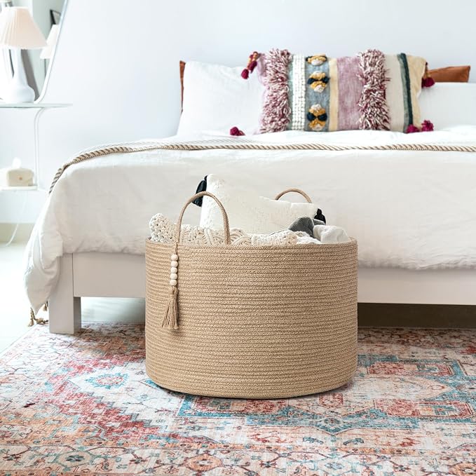 Mkono Woven Storage Basket for Blanket, Toys Plant Organizer, 22"W x 13.8"L | Brown, Jute, Decorative Basket with Handle, Wood Beads Tassel, Shoes Towel Clothes Storage Bin, Living Room Bedroom Nursery
