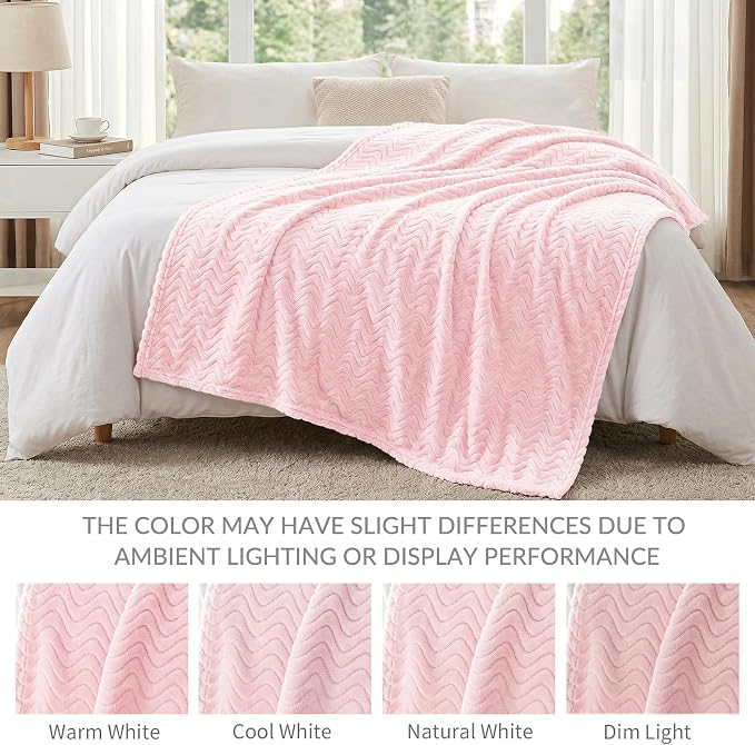 Exclusivo Mezcla Large Fleece Throw Blanket for Couch, Sofa, Light Pink | 50"x70" Soft Breathable Lightweight Flannel Throws for Summer, Plush Cozy Jacquard Wave Blanket for Home Decor
