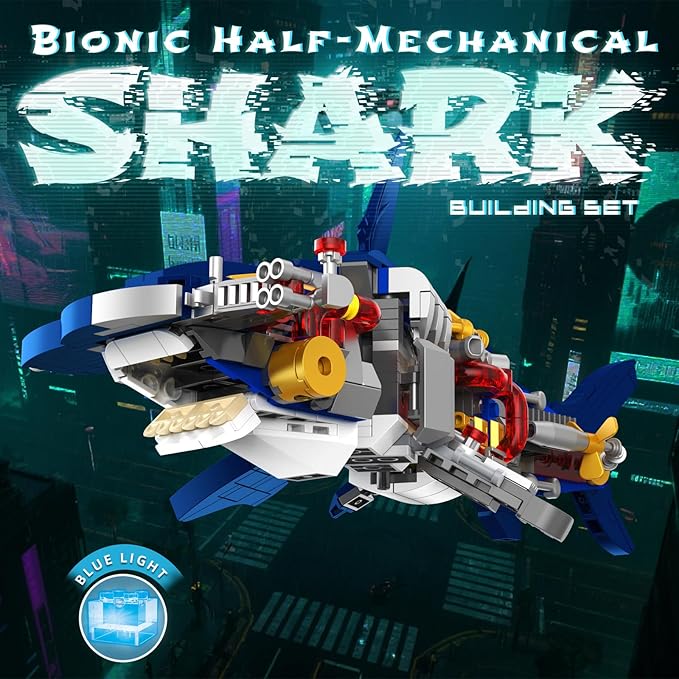 Mechanical Shark Building Set with Lights, Rotatable Link Components & Display Stand, STEM Building Set for Boys 8-14, Home Office Decor for Adults, Mechanical Enthusiasts（631PCS）