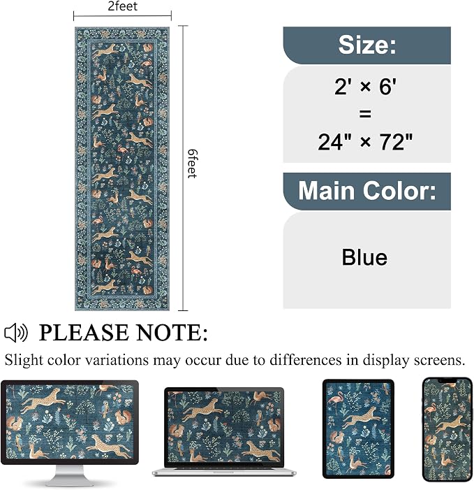 DUKINO 2x6 Runner Rug, Washable Animal Kitchen Rugs Non Slip, Blue | Soft, Low Pile, Stain Resistant Indoor Carpet for Hallway, Entryway, Bedroom, Bathroom, Laundry,Pet Friendly, Lightweight