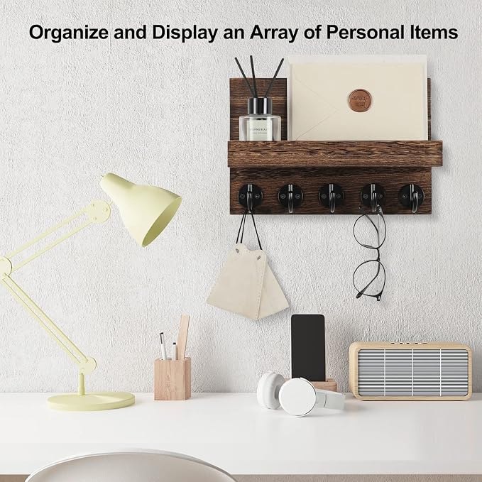 Lwenki Key Holder for Wall, Decorative Key and Mail Holder with Shelf Has Large Key Hooks for Bags, Coats – Paulownia Wood Key Hanger with Mounting Hardware (9.8”W x 6.7”H x 4.2”D) (Brown)