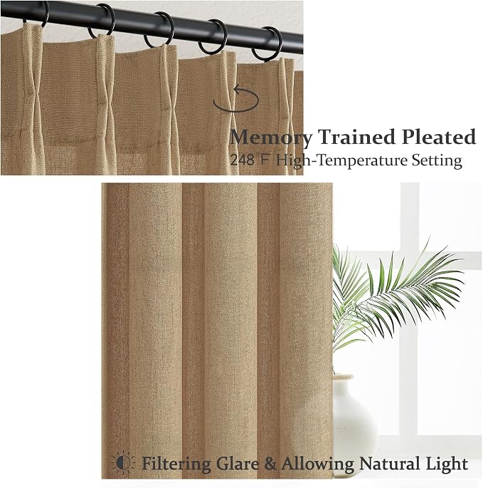 Rust Brown Pleated Flax Linen 102 Inch Extra Long Curtains for Sliding Glass Doors, Memory Shape Pinch Pleat Light Filtering Semi Sheer Country Window Drapes Bedroom Privacy Viral Curtain 2 Panels Set