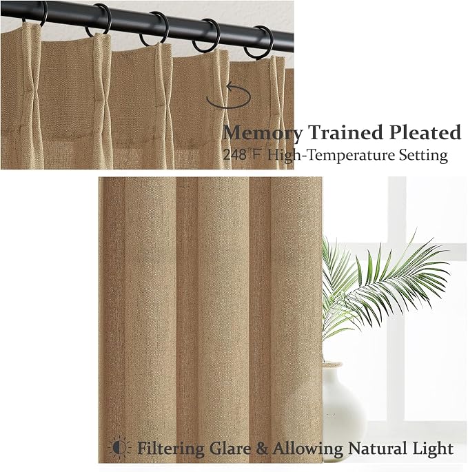 Pinch Pleated Rust Brown Semi Sheer Bedroom Curtains 96 Inches Long 2 Panels Set, Memory Trained Linen Blend Light Filtering Natural Curtain Farmhouse Viral Window Drapes for Dining Room 8FT Length