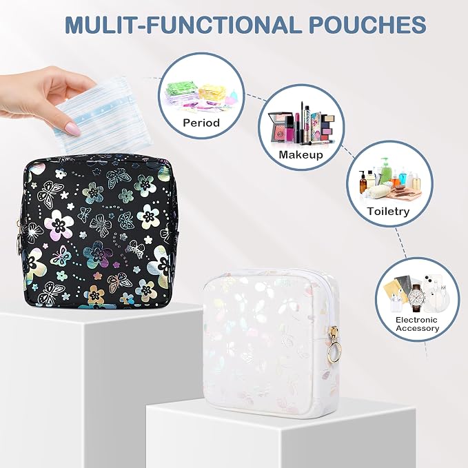 Likesing Period Bag Pouch, Leather Sanitary Napkin Storage Bag for Womens, Portable Sanitary Napkin Period Pad Pouch Bag for Purse, Small Make Up Bags(Black Butterflies)
