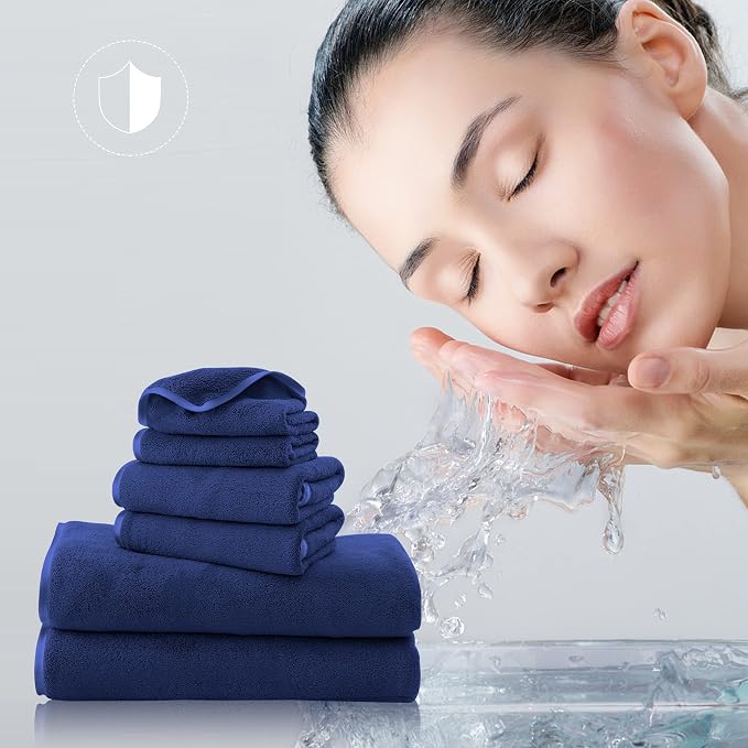 TENSTARS Luxury Silk Hemming Towel Set - Light Thin Quick Drying - 2 Bath Towels 2 Hand Towels 2 Washcloths - Ultra Soft Microfiber Towel for Bath Fitness, Sports, Yoga, Travel (Navy Blue 6 Pieces)