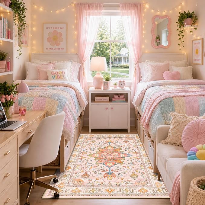 RELEANY Area Rugs 4'x6' Washable Non-Slip, Floral Vintage Distress Medallion Carpet for Living Room Bedroom Dining Room, Light Pink Colorful