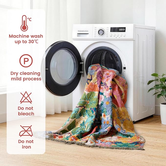 MSGKV Boho Throw Blanket 50"x60" Cotton Floral Blanket for Couch & Sofa | 50"x60" Cotton Floral Throw, Muslin Blanket, Summer Breathable, Farmhouse Decor, All Season Comfort, Machine Washable