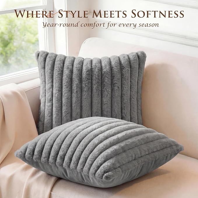 Pack of 2 Throw Pillow Covers 18x18 Decorative Solid Plush Faux Fur with Soft Velvet Back, Square Striped Cushion Cases Modern Farmhouse Home Decor for Living Room Couch Sofa Bed Dark Gray