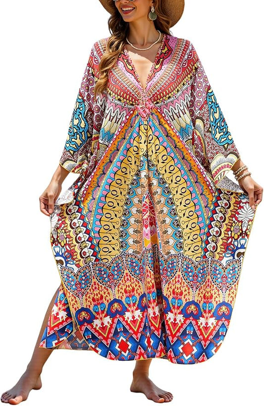 Mumu Dresses for Women Plus Size, Bohemian Kaftan Beach Cover Up Long Maxi Nightgown Soft Loungewear