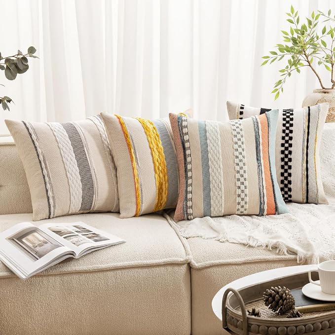 ANRODUO Boho Decorative Pillow Covers 20x20 Orange-Blue Stripe Pack of 2 | Throw Pillow Covers, Farmhouse Cushion Case, Chenille Pillow Cases, Pillow Covers, Accent Neutral Pillowcase for Sofa Couch