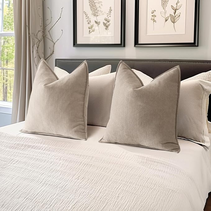 MIULEE Pack of 2 Beige Euro Shams Chenille Pillow Covers 24x24 Inch | Decorative Soft Couch Throw Pillows,Farmhouse Cushion Covers,Elegant Design for Sofa,Bed,Living Room,Summer Decor