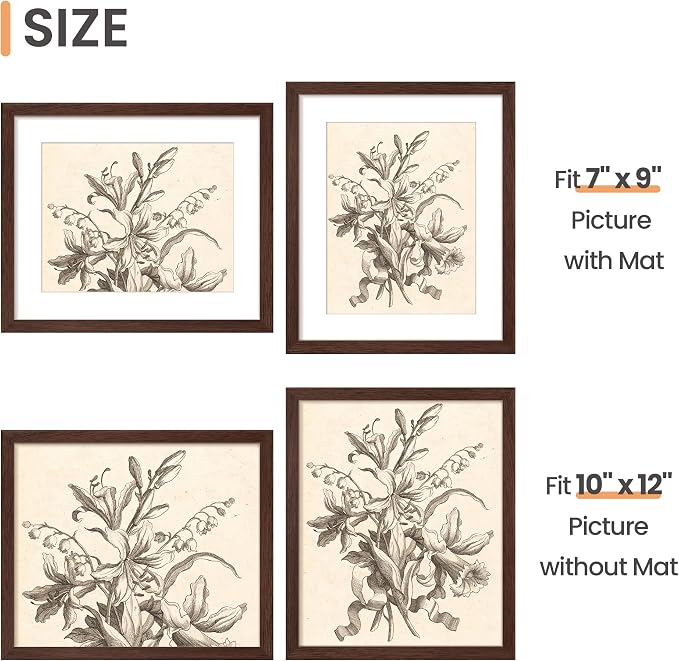 upsimples 10x12 Picture Frame, Display Pictures 7x9 with Mat or 10 x 12 Without, Wall Hanging Photo Frames, Brown, 1 Pack