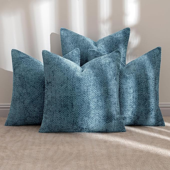 MIULEE Soft Decorative Chenille Pillow Covers Smoke Blue 18x18 Pack of 4 | Coastal Home Decor, All Same Color Set, Couch Throw Pillows, Farmhouse Boho Cushion Covers for Sofa Bed Living Room