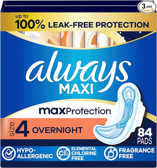 Always Maxi Overnight Pads with Wings for Women, Size 4, Overnight Absorbency, Unscented, 84 Count (3 Packs of 28)