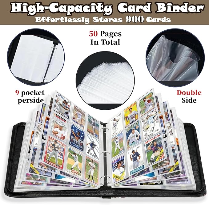 Baseball Card Binder,50 Removable Sleeves,900 Pockets Large Capacity Trading Card Album for MTG/TCG/Sports Collectors | Durable Zipper & Wrist Strap Design | 2026 Edition Style