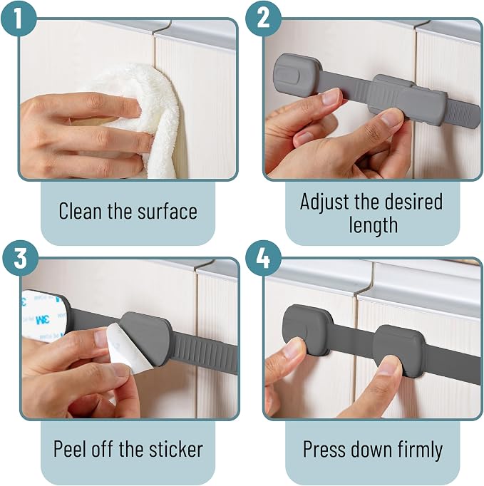 Bates- Child Safety Strap Locks, 12 Pack, Gray, Baby Cabinet Locks with Adjustable Strap Length