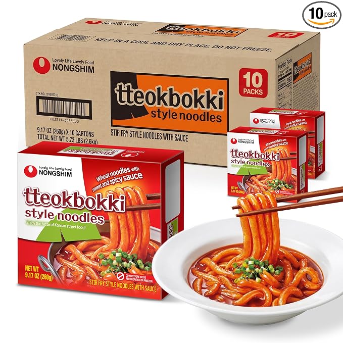 Nongshim Tteokbokki Style Noodles, Sweet & Spicy Korean Ramen, 10 Pack | Tteokbokki-style instant noodles with gochujang-inspired sauce, garlic-red pepper notes, chewy texture
