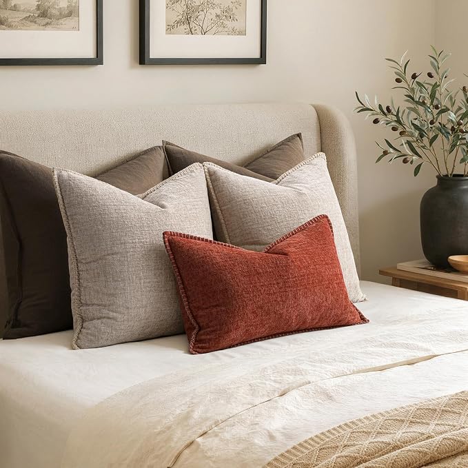 MIULEE Decorative Couch Throw Pillow Covers 18x18 Inch Taupe 2 Pack | Farmhouse Pillow Covers with Stitched Edge, Soft Chenille Cushion Cases, for Sofa Bed Living Room Home Decor