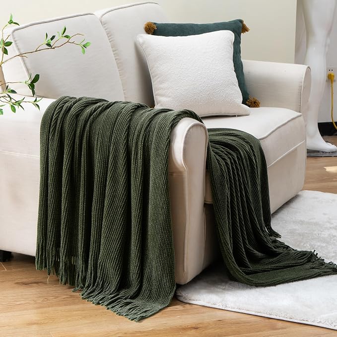 BATTILO HOME Olive Green Throw Blanket for Couch, 50"x60" | Soft Chenille Knit Throw Blanket with Tassels for Home Decor, Dark Green Throw for Couch Cover