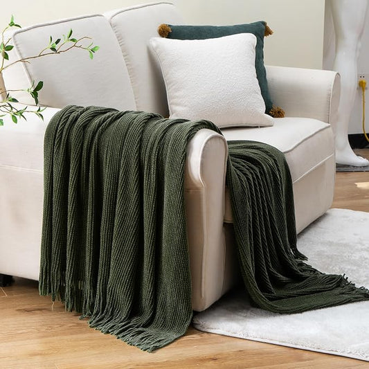 BATTILO HOME Olive Green Throw Blanket for Couch, 50"x60" | Soft Chenille Knit Throw Blanket with Tassels for Home Decor, Dark Green Throw for Couch Cover