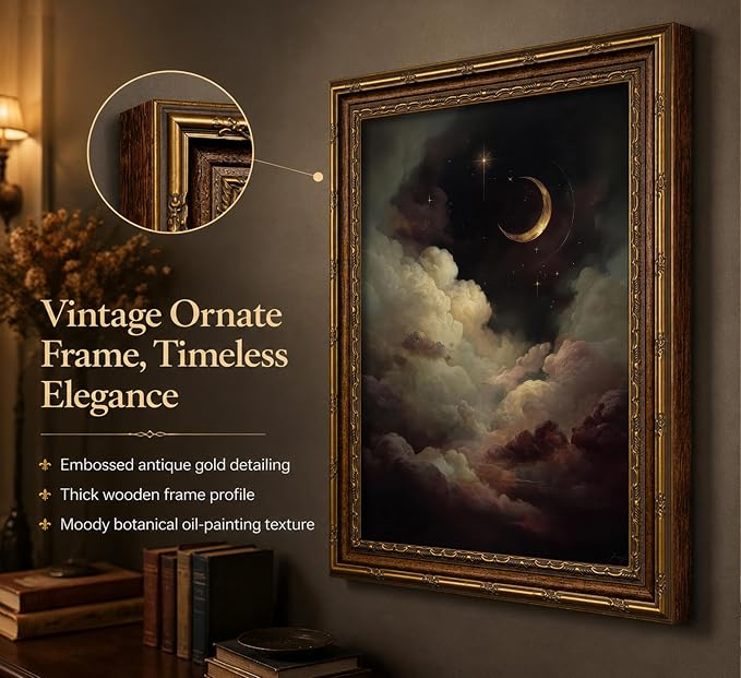 Vintage Gold Framed Celestial Wall Art, Moody Moon and Stars Gothic Painting Canvas Print, Dark Academia Wall Decor,Mystical Celestial Poster Artwork, for Living Room Bedroom Bathroom