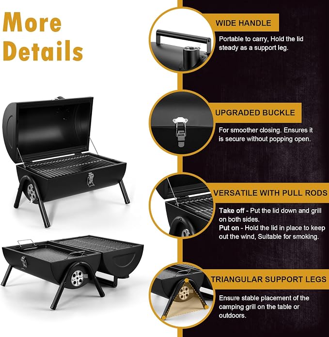 Joyfair Portable Charcoal Grill, Small Outdoor Camping Tabletop BBQ Grills | 2 IN 1 Double-Sided Barbecue Grill with Food Tray & Rack for Home Patio BBQ Grilling, Heavy Duty & Multi-use, (230Sq.in)