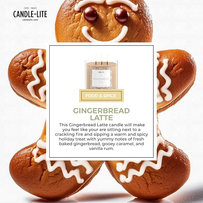 Candle-lite Holiday Scented Candles, Gingerbread Latte Fragrance, 14 oz 3-Wick Jar Candle, Proudly Poured in USA, Christmas Home Decor Candle, 40 Hours of Burn Time, Holiday Gift for Men and Women