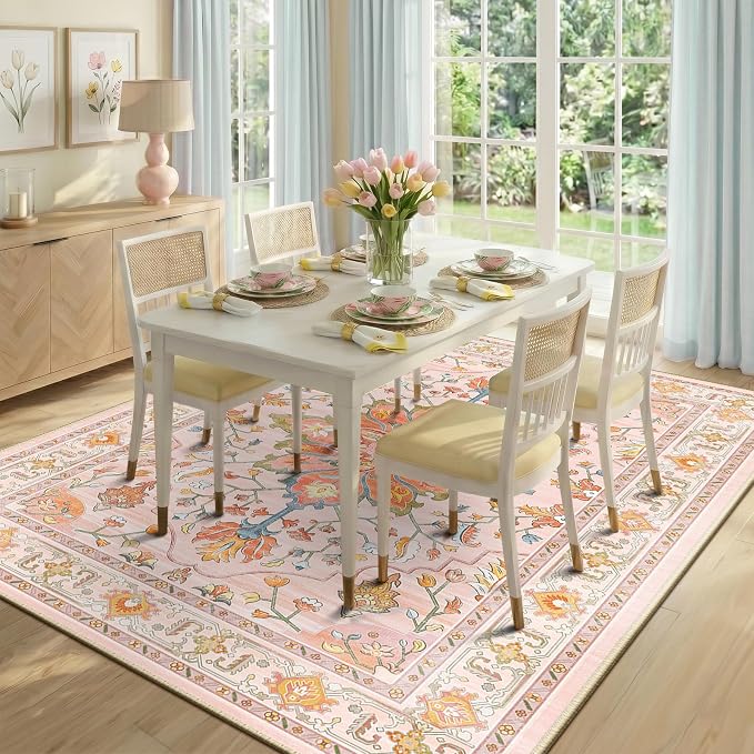RELEANY Area Rugs 5'x7' Washable Non-Slip, Floral Vintage Distress Medallion Carpet for Living Room Bedroom Dining Room, Light Pink Colorful