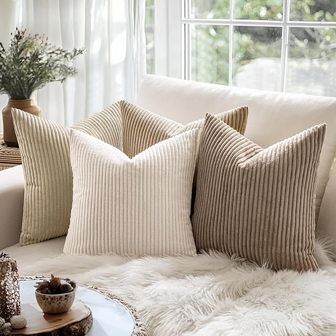 MIULEE Decorative Corduroy Throw Pillow Covers Set of 2 12x12 Cream White | Soft Striped Textured Cushion Cases, Boho Square Pillowcases Neutral Home Decor, for Couch Chair Sofa Bed Living Room