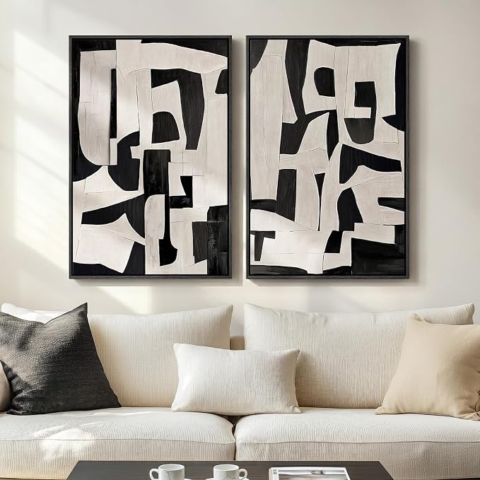 Large Framed Black and White Abstract Wall Art for Living Room, 24x36 In | 2 Piece, Canvas Prints, Black and Beige Pictures, Modern Minimalist Paintings, Geometric, Bedroom Hallway Entryway Wall Decor