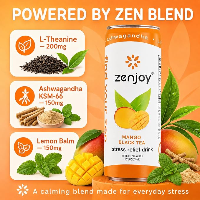 Zenjoy Adaptogen Drink Stress Relief Tea | Non Alcoholic Calming Drink w/Ashwagandha, Lemon Balm & L-Theanine for Focus | Stress Tea Calming Social Mocktail with Adaptogens (12 Pack, Mango)
